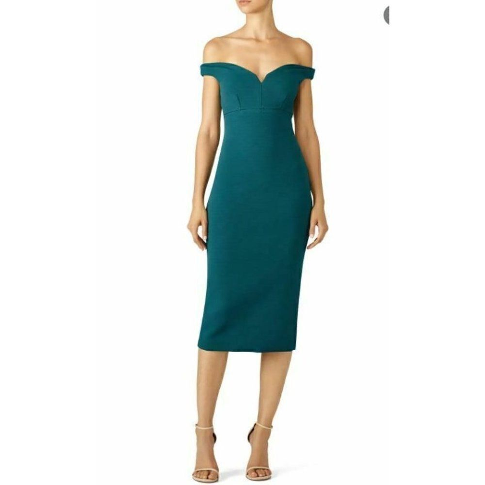 Cinq a Sept Womens Garnet Green Sheath Dress Size 4 Off Shoulder Night Out